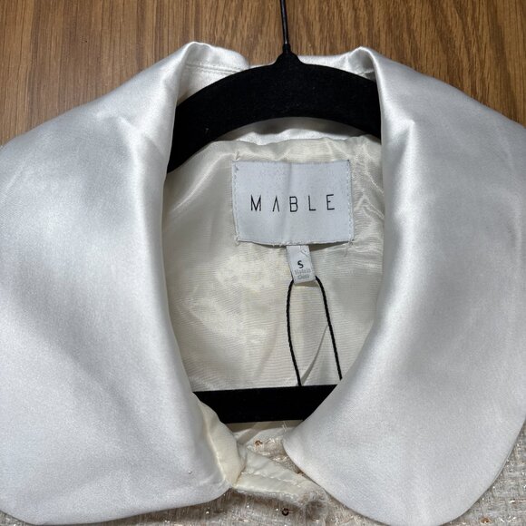 MABLE White Tweed Skirt Suit Set Pearl Button Satin Collar – Size S - Picture 6 of 13